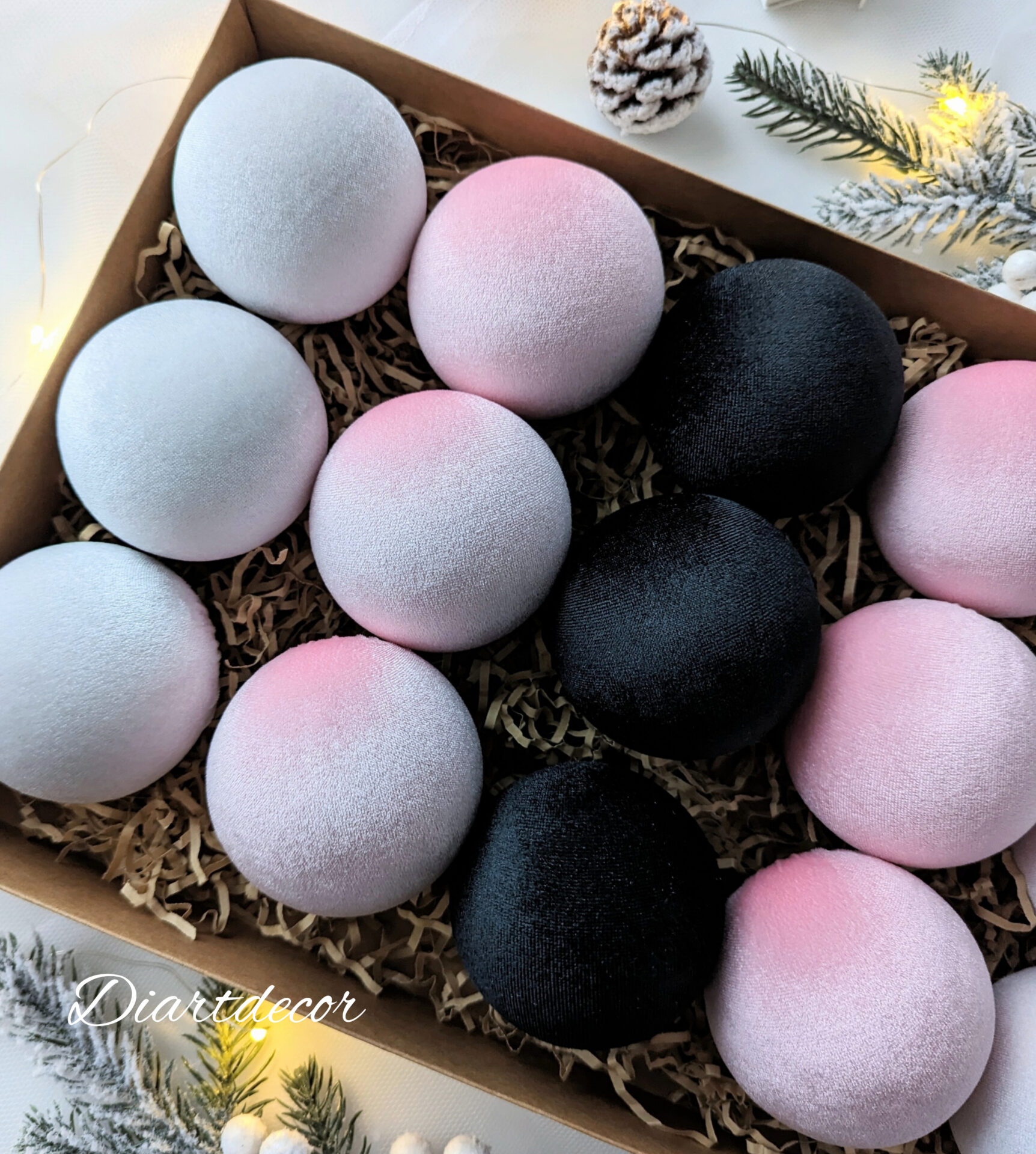 Christmas tree baubles mix -black/baby pink/grey. - Image 2