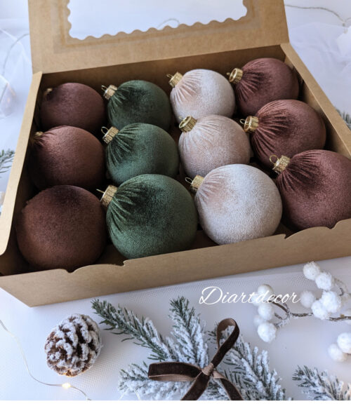 Christmas Ornaments Mix | Moss Green, Brown , Capuchino - 12 Units Set - Image 3