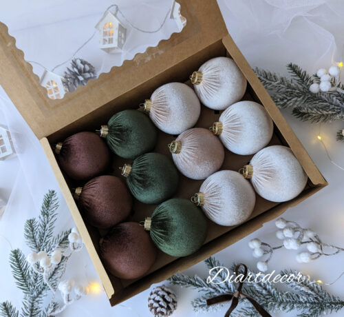 Christmas Ornaments Mix | Moss Green, Brown, Beige, Capuchino - 12 Units Set