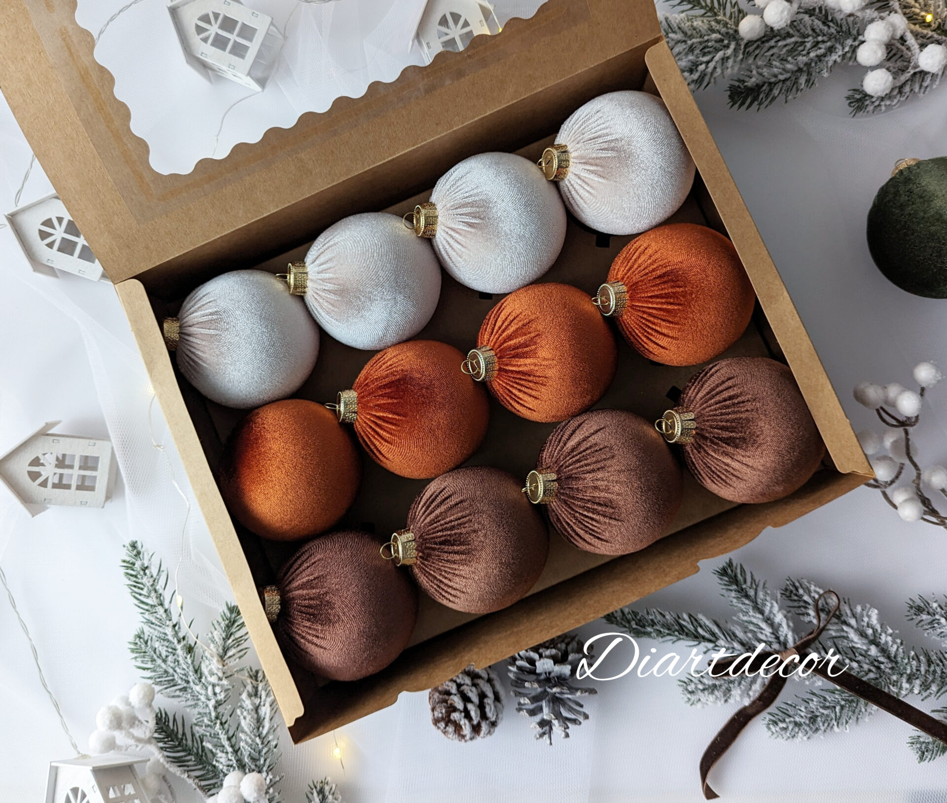 Christmas Ornaments Mix | Rustic, Brown, Beige - 12 Units Set