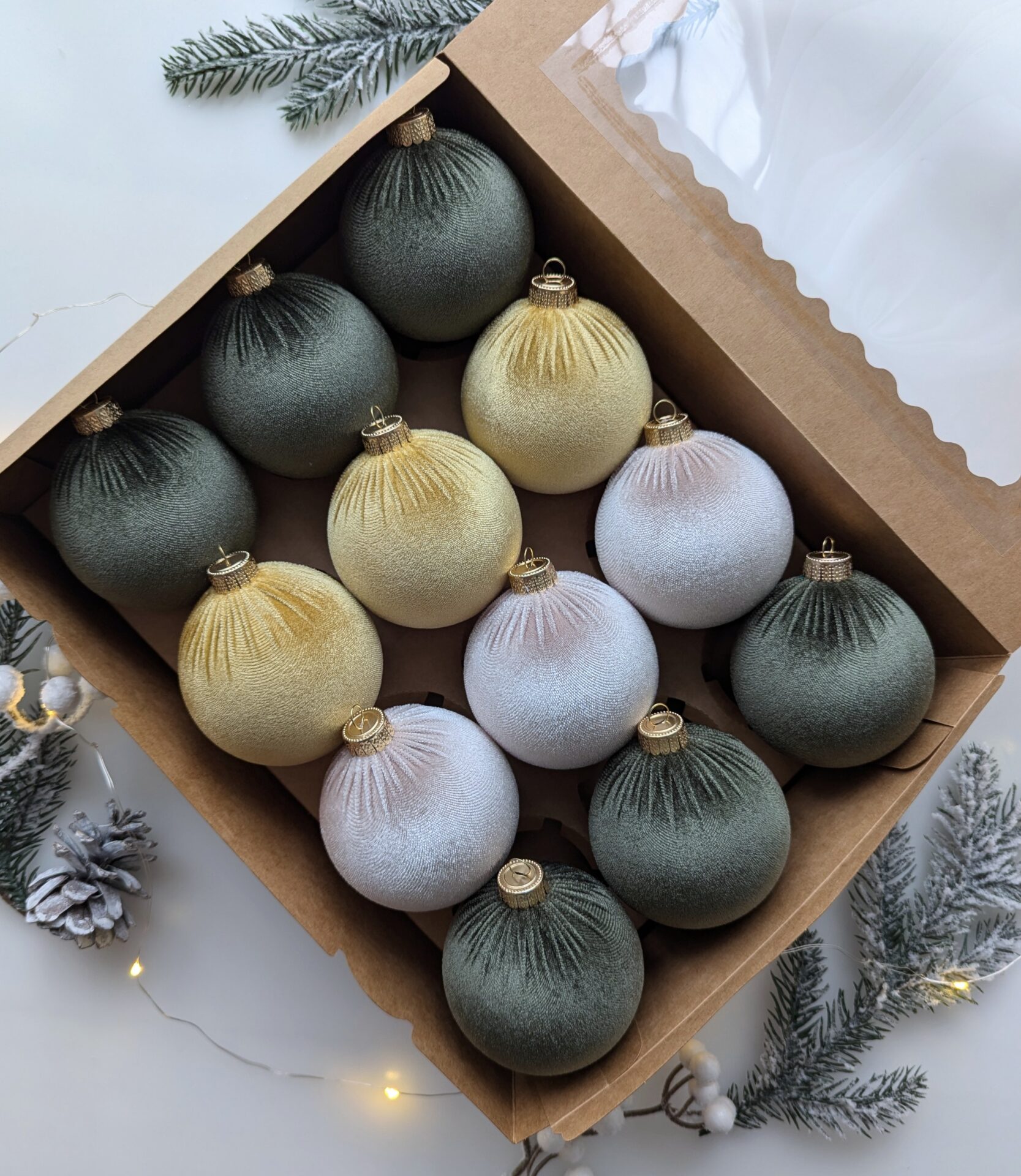 Christmas tree ornaments mix- custard/cream/moss green. - Image 4