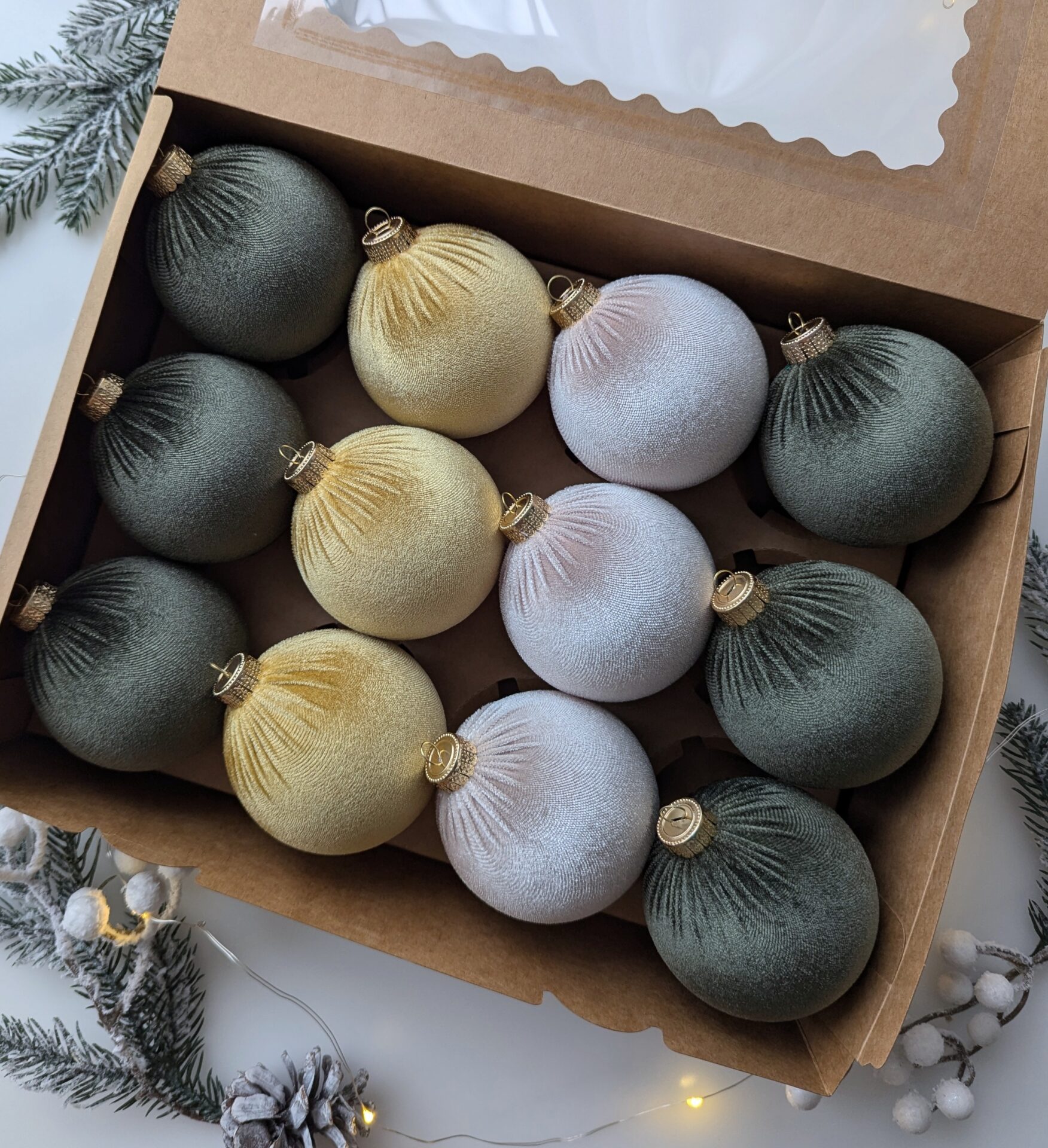Christmas tree ornaments mix- custard/cream/moss green. - Image 3