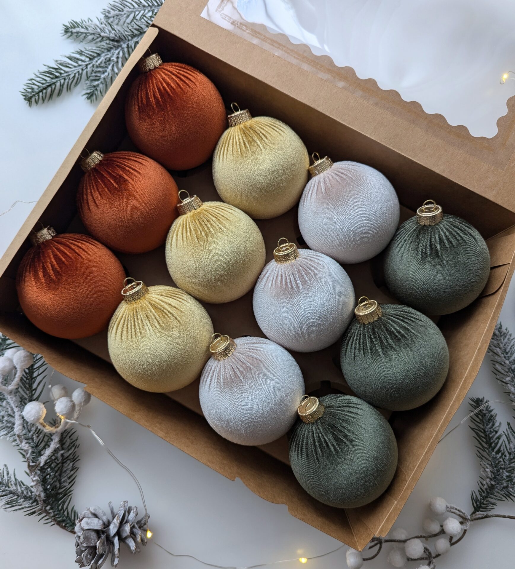 Christmas tree ornaments mix- custard/rustic/cream/moss green. - Image 3