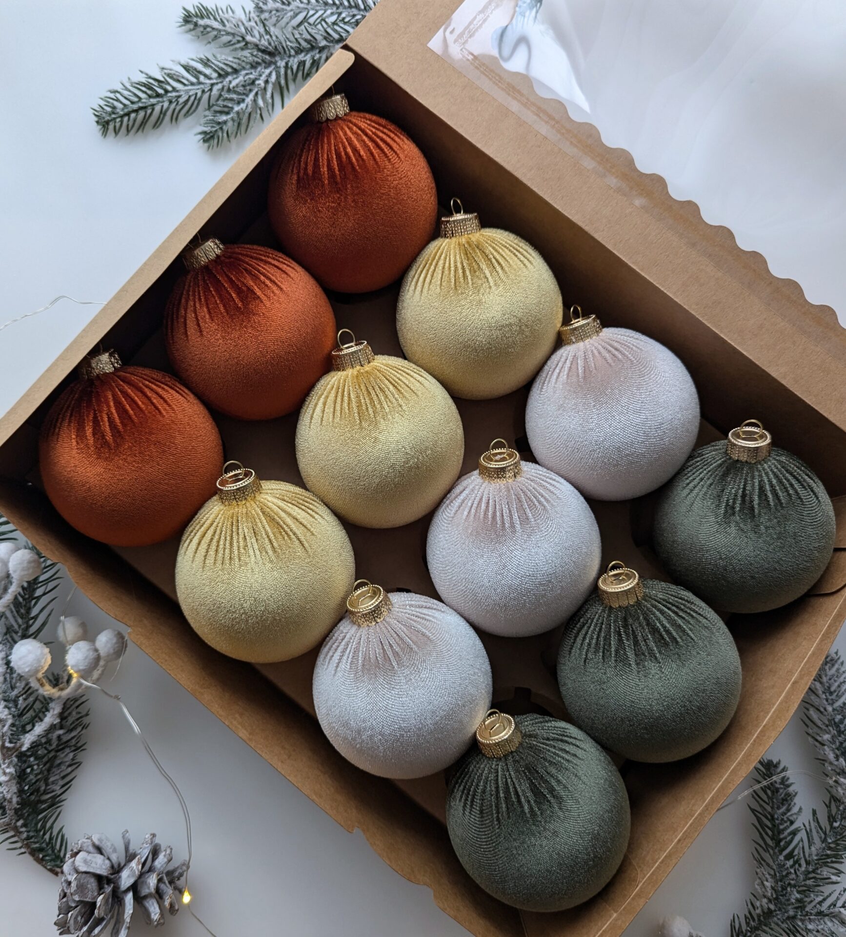 Christmas tree ornaments mix- custard/rustic/cream/moss green.
