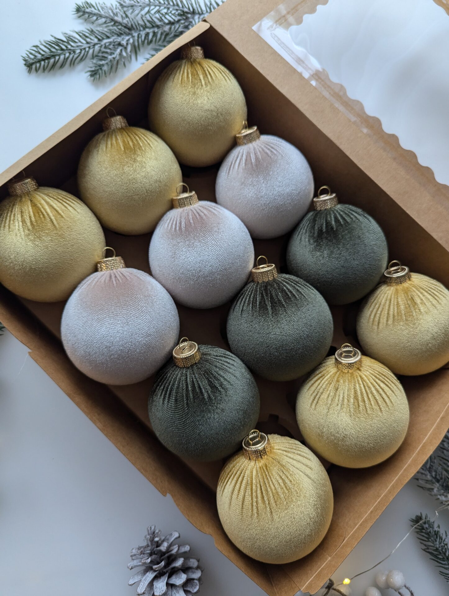 Christmas tree ornaments mix- custard/cream/moss green. - Image 2