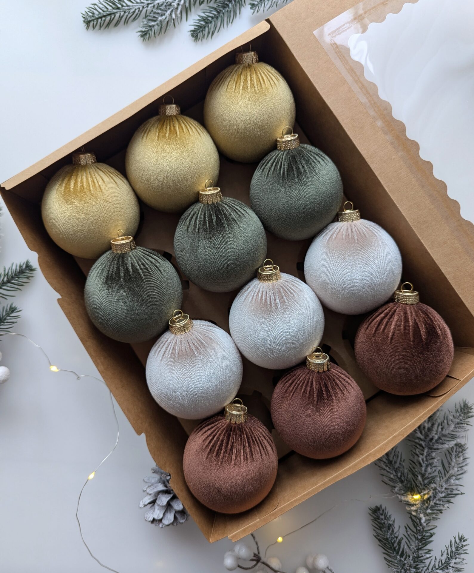 Christmas tree ornaments mix- custard/brown/cream/moss green. - Image 4