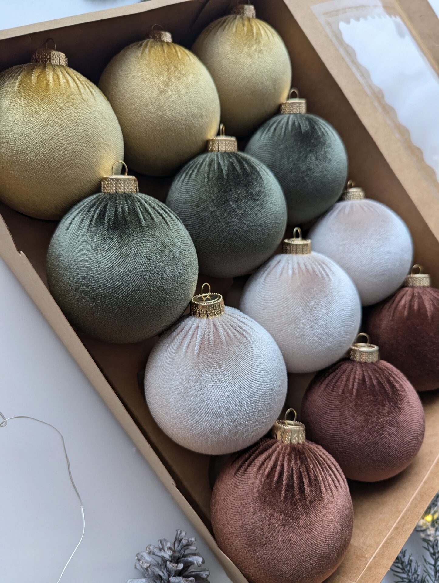 Christmas tree ornaments mix- custard/brown/cream/moss green. - Image 2