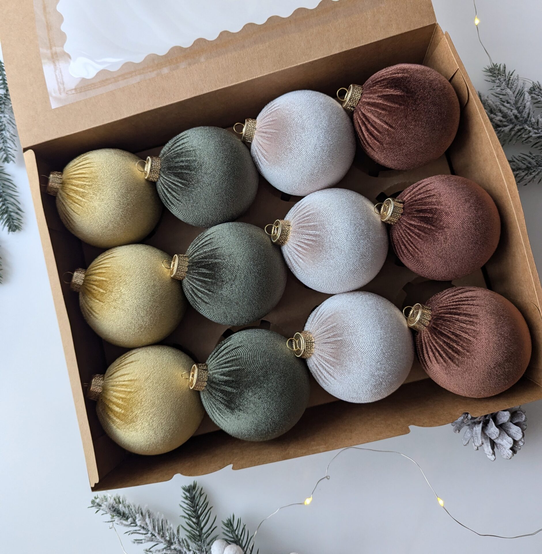 Christmas tree ornaments mix- custard/brown/cream/moss green. - Image 3