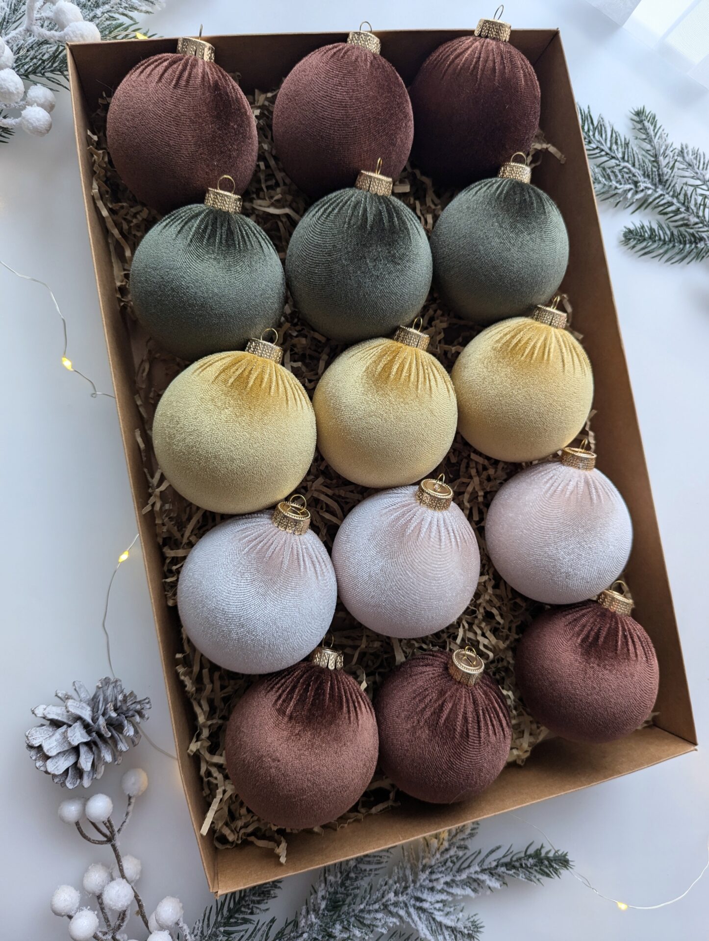 Christmas tree ornaments mix- cream/custard/brown/moss green. - Image 3