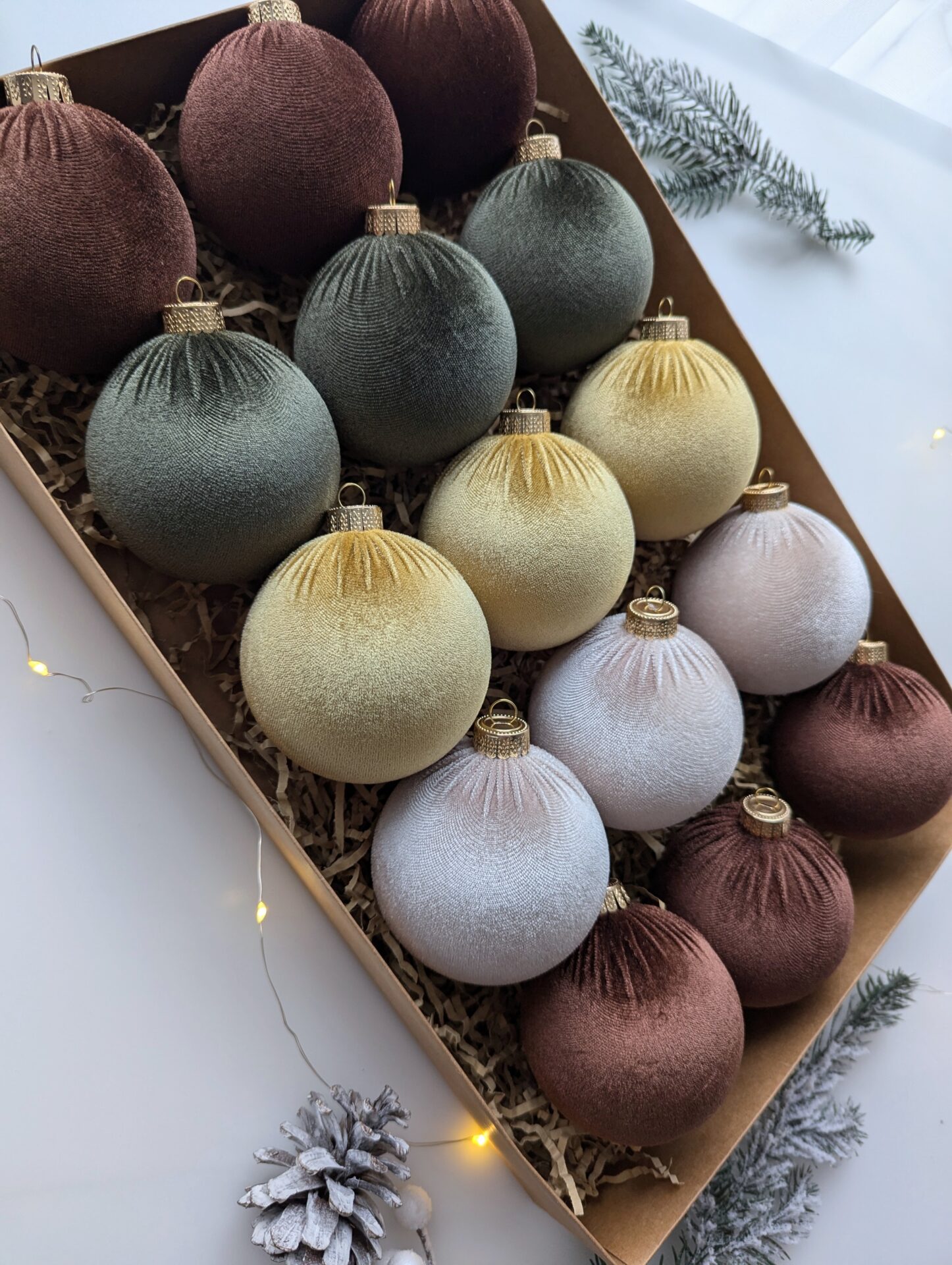 Christmas tree ornaments mix- cream/custard/brown/moss green. - Image 2