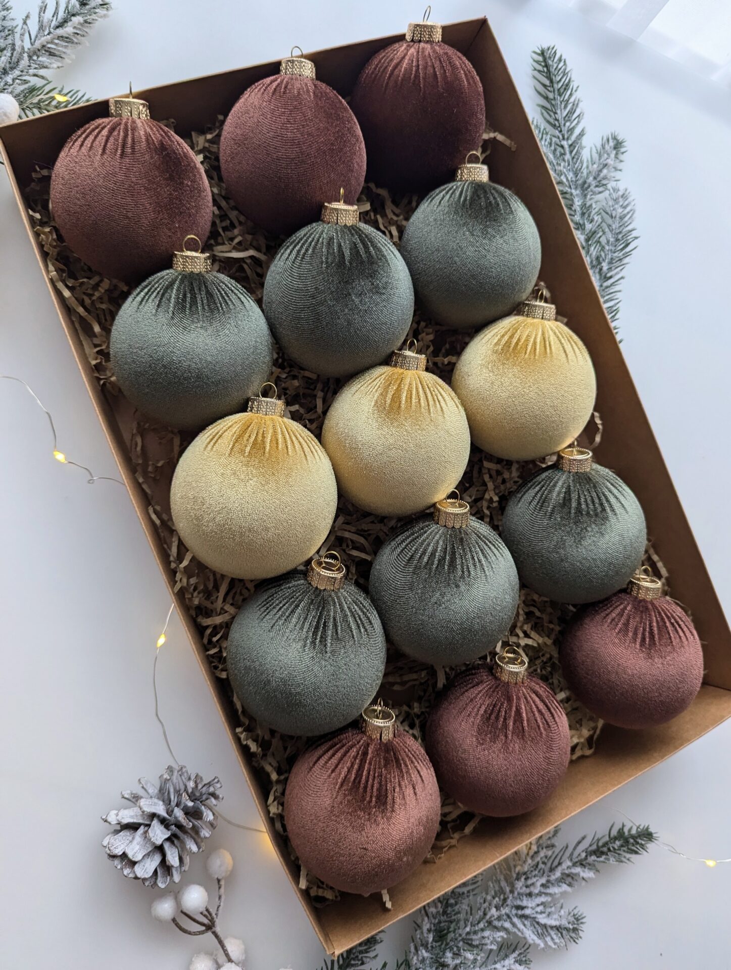 Christmas tree ornaments mix- custard/brown/moss green. - Image 2