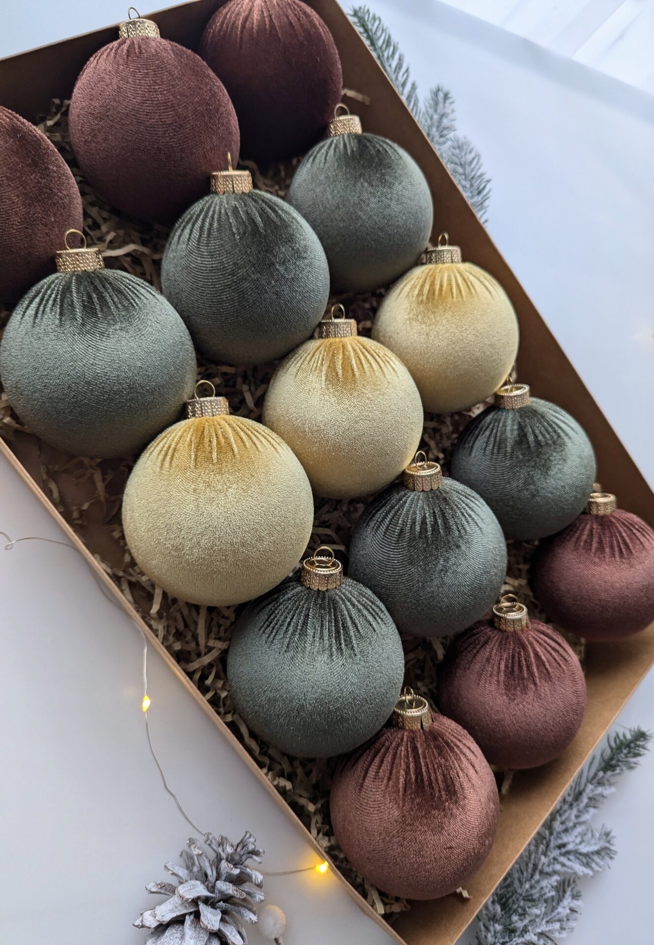 Christmas tree ornaments mix- custard/brown/moss green. - Image 3