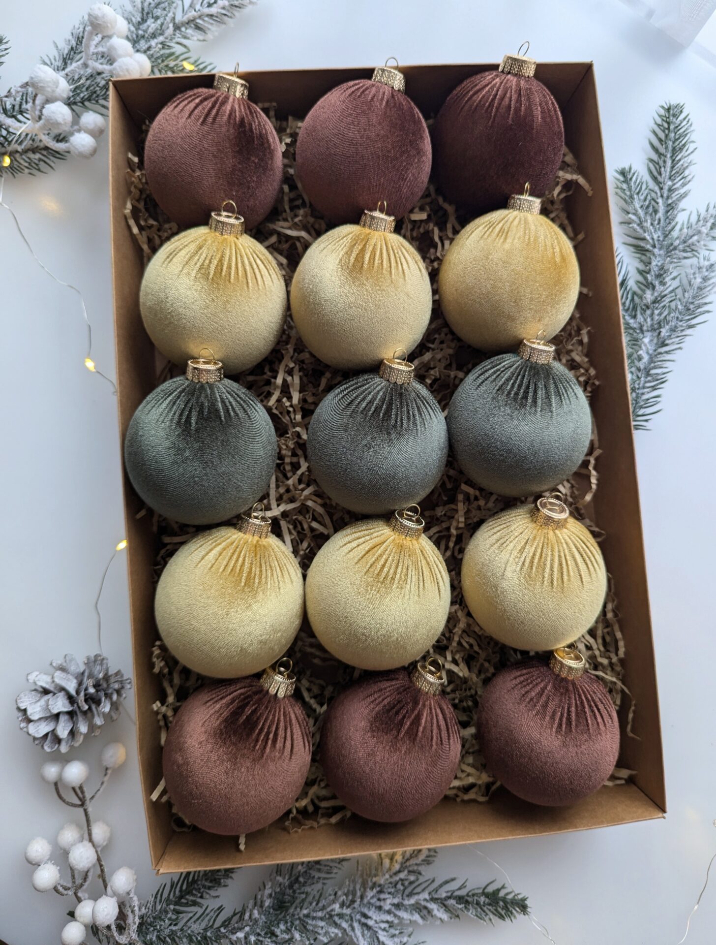 Christmas tree ornaments mix-  custard/brown/moss green. - Image 2