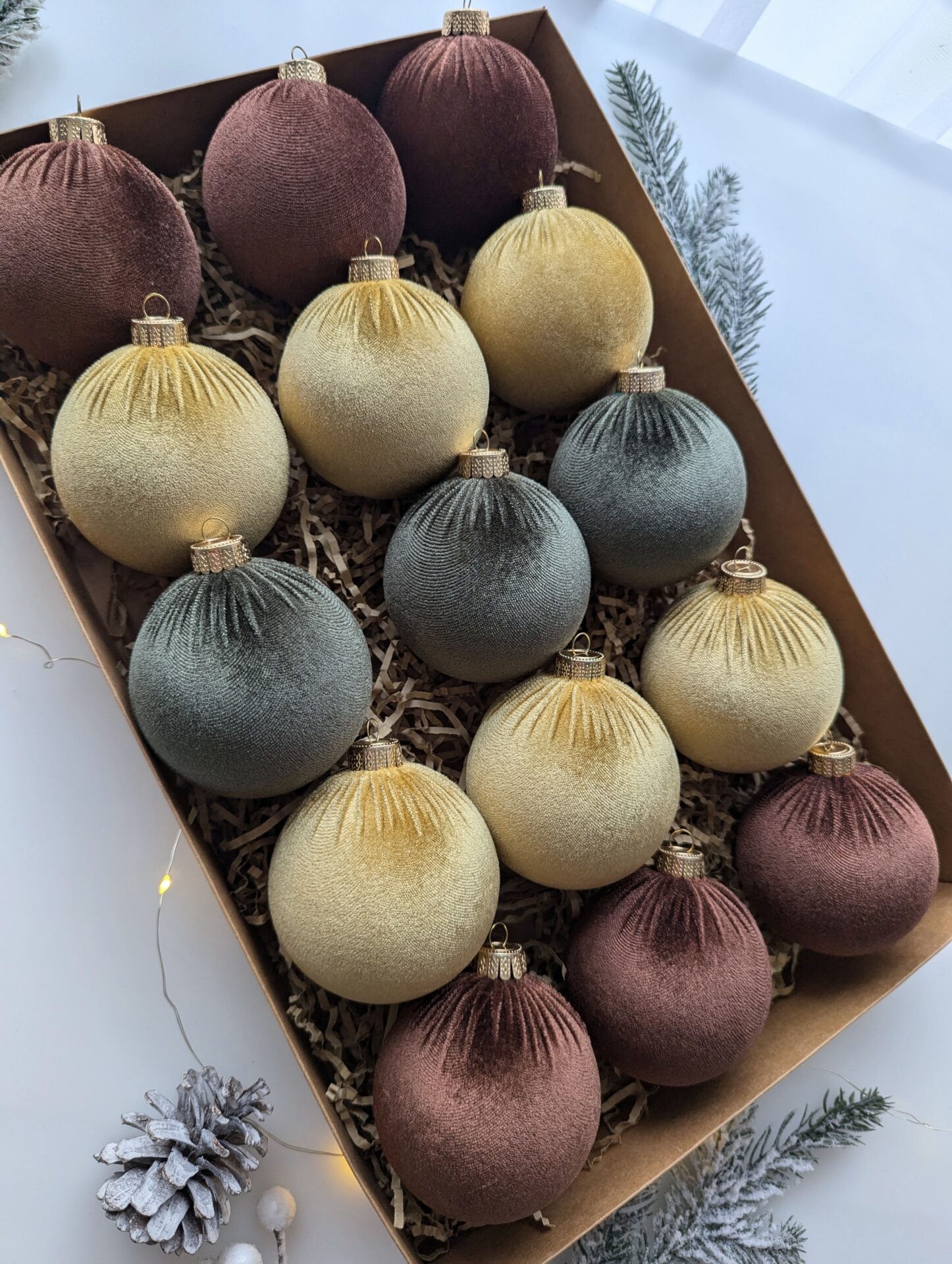 Christmas tree ornaments mix-  custard/brown/moss green. - Image 3