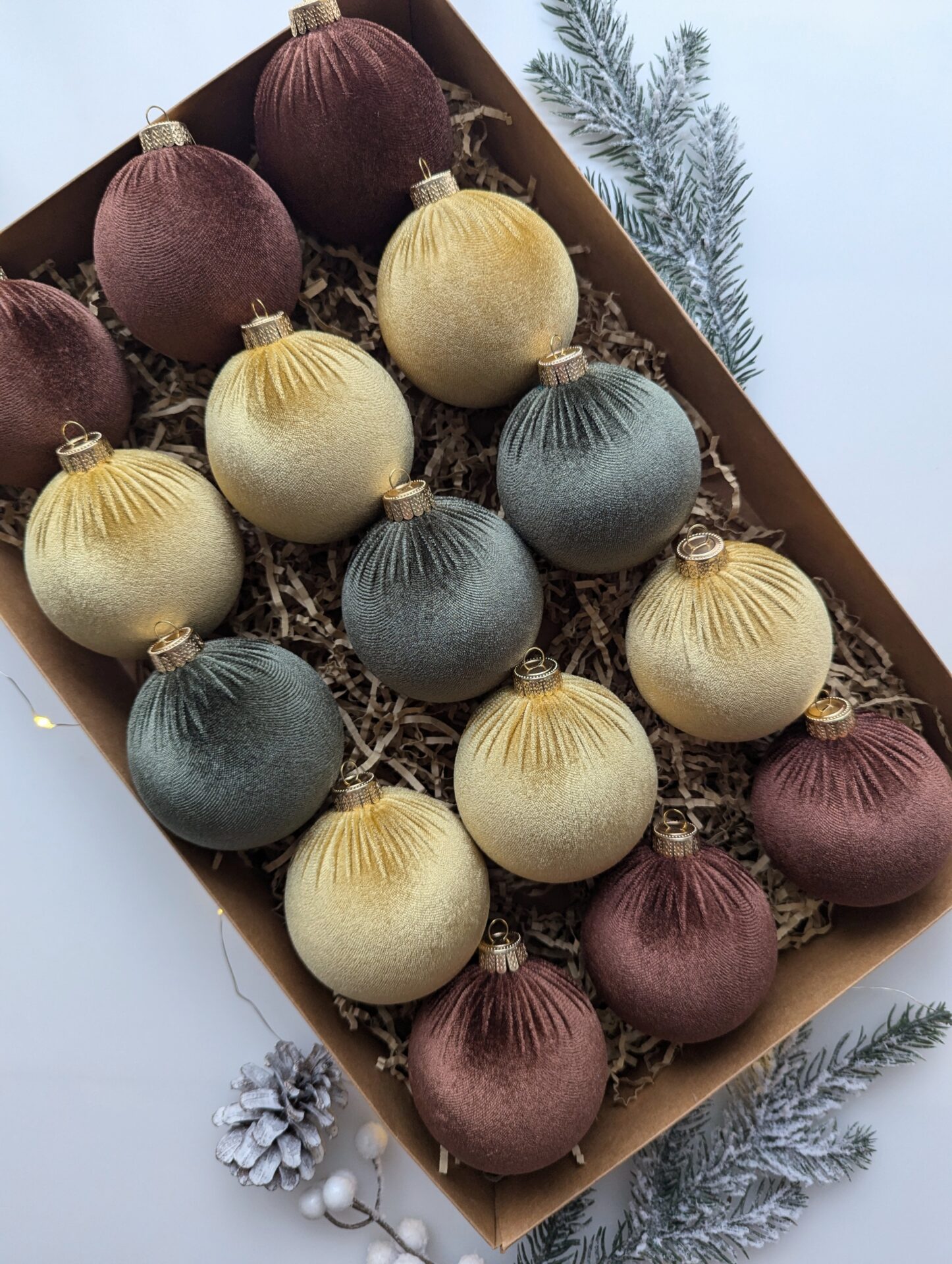 Christmas tree ornaments mix-  custard/brown/moss green.