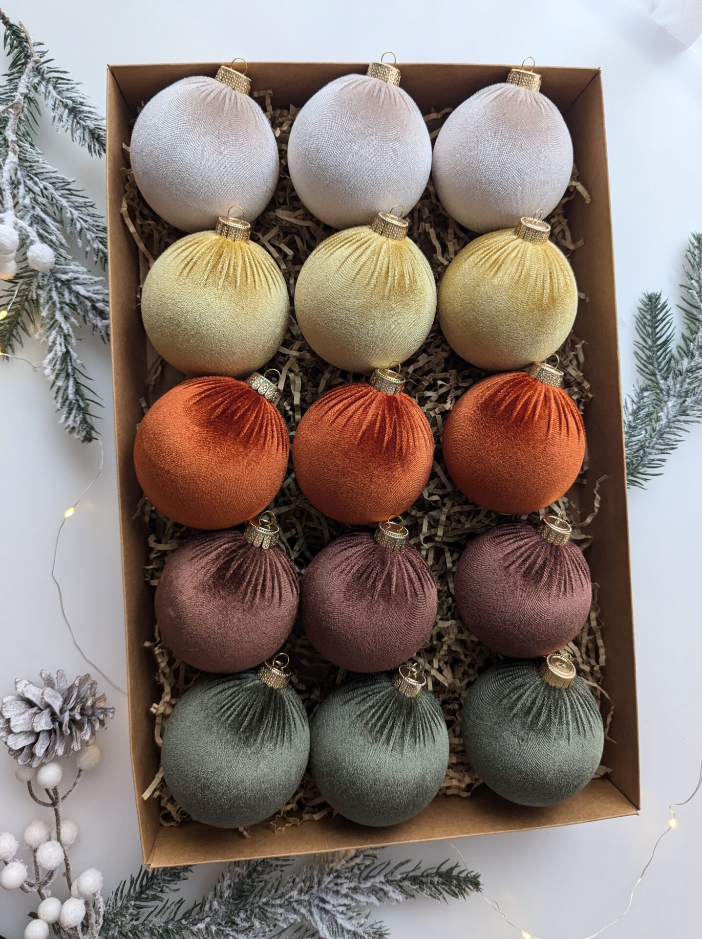 Christmas tree ornaments mix- cream/ custard/rustic/brown/moss green. - Image 2