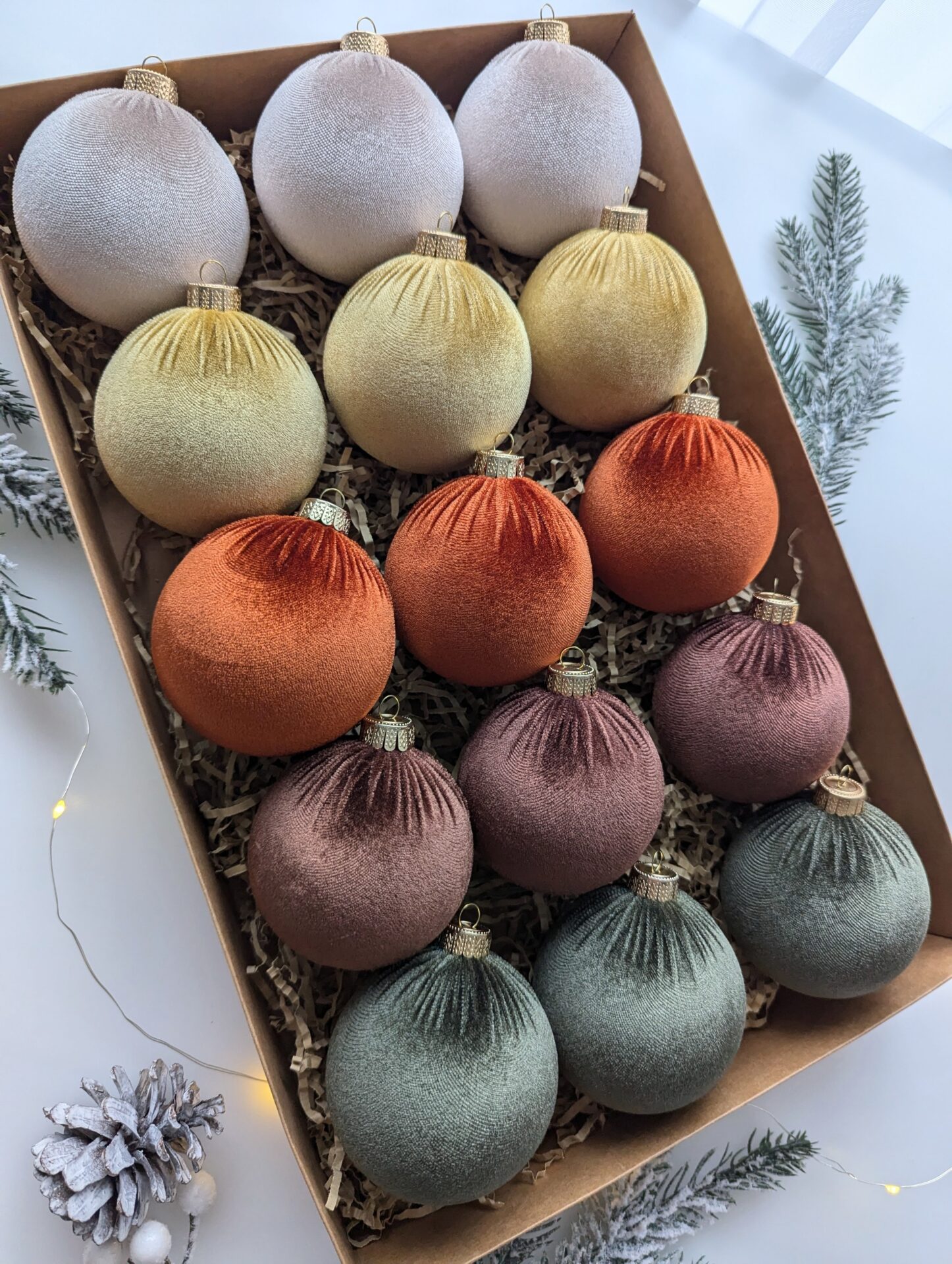 Christmas tree ornaments mix- cream/ custard/rustic/brown/moss green. - Image 3